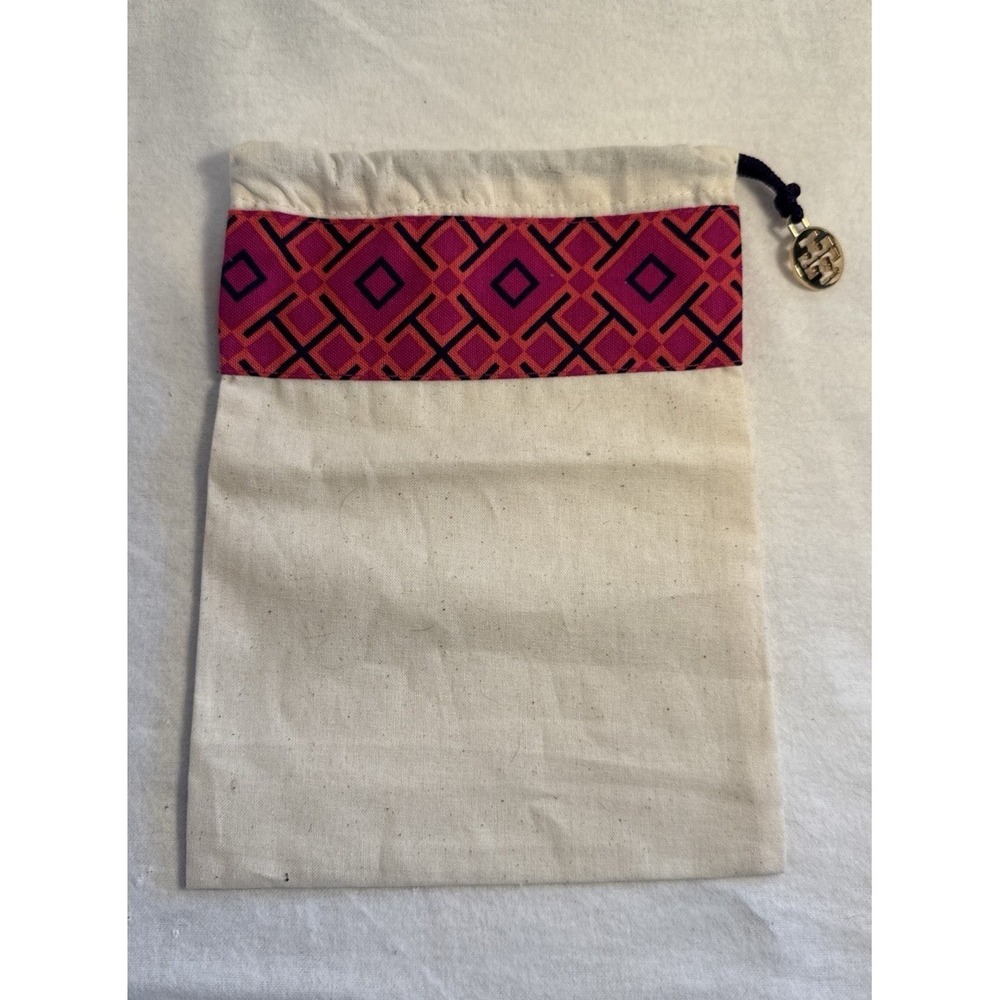 Tory Burch Geometric Pink Ivory Drawstring Logo Charm Dustbag Bag Women 6x 8.5"